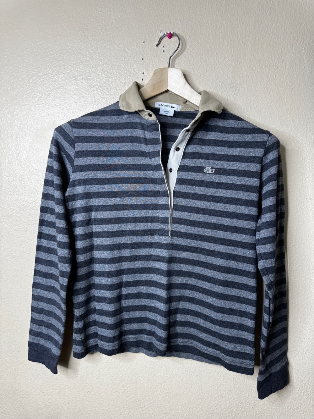 Lacoste Shirt Women's 36 Gray Striped Polo Rugby Longsleeve Snap Buttons Y2K